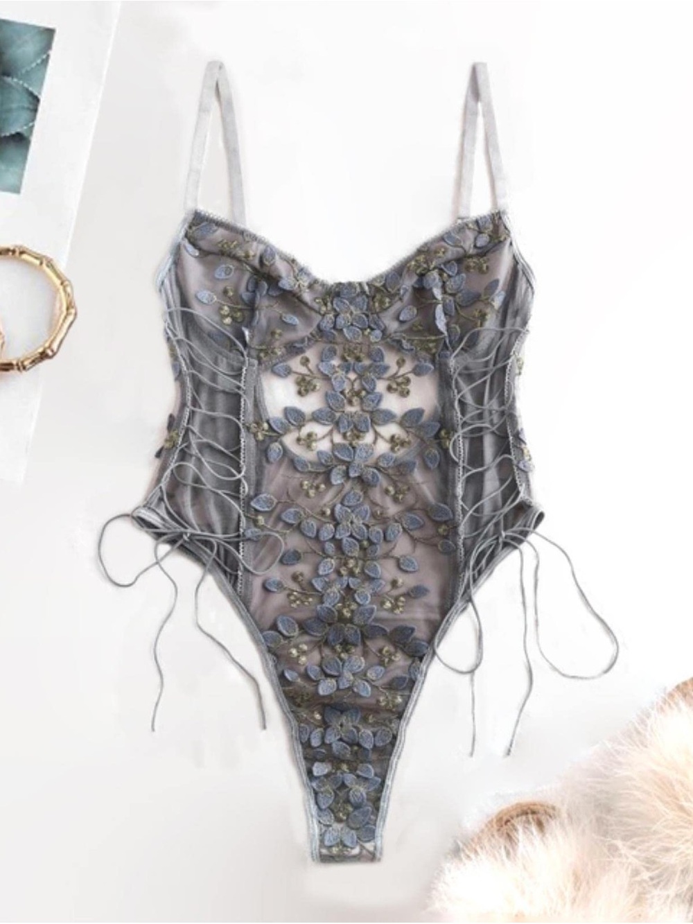 Shein Sheer Floral Embroidered Lace Bodysuit size M